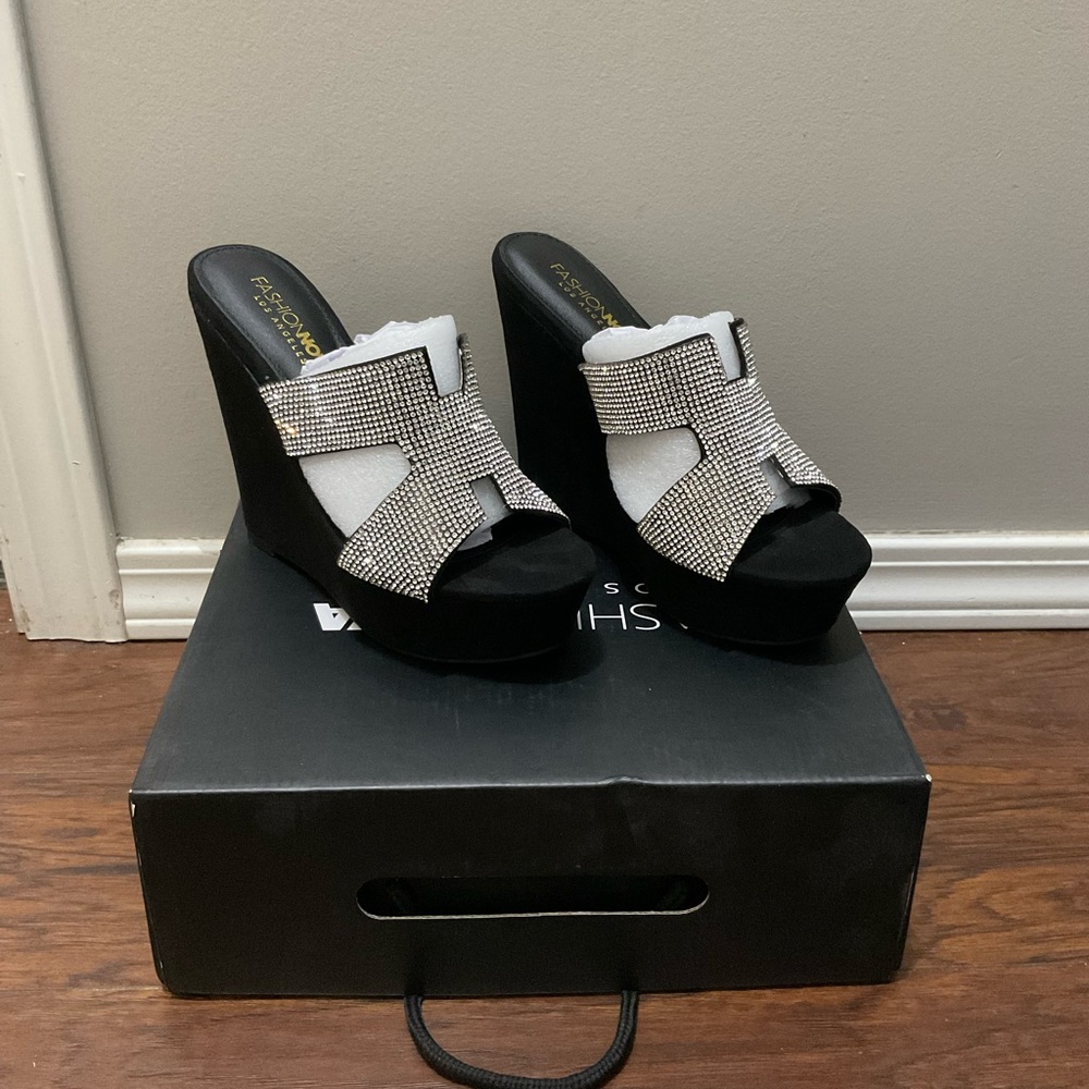 Fashion Nova Black Wedges with Glittering Rhinestone Silver Accents